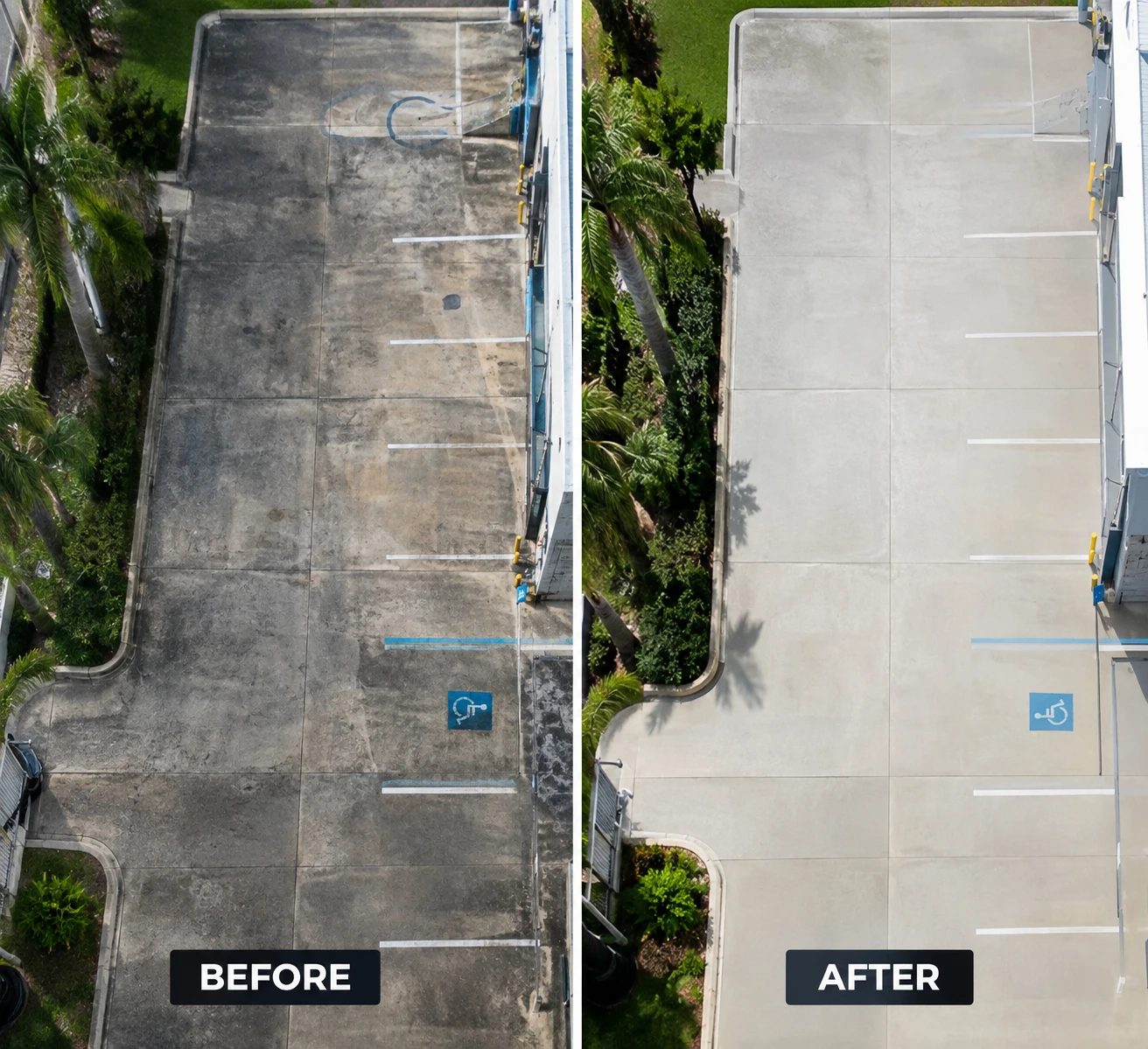 Before and after pressure washing a concrete surface parking lot in Miramar, Florida: dark staining and grime on the left, clean concrete on the right