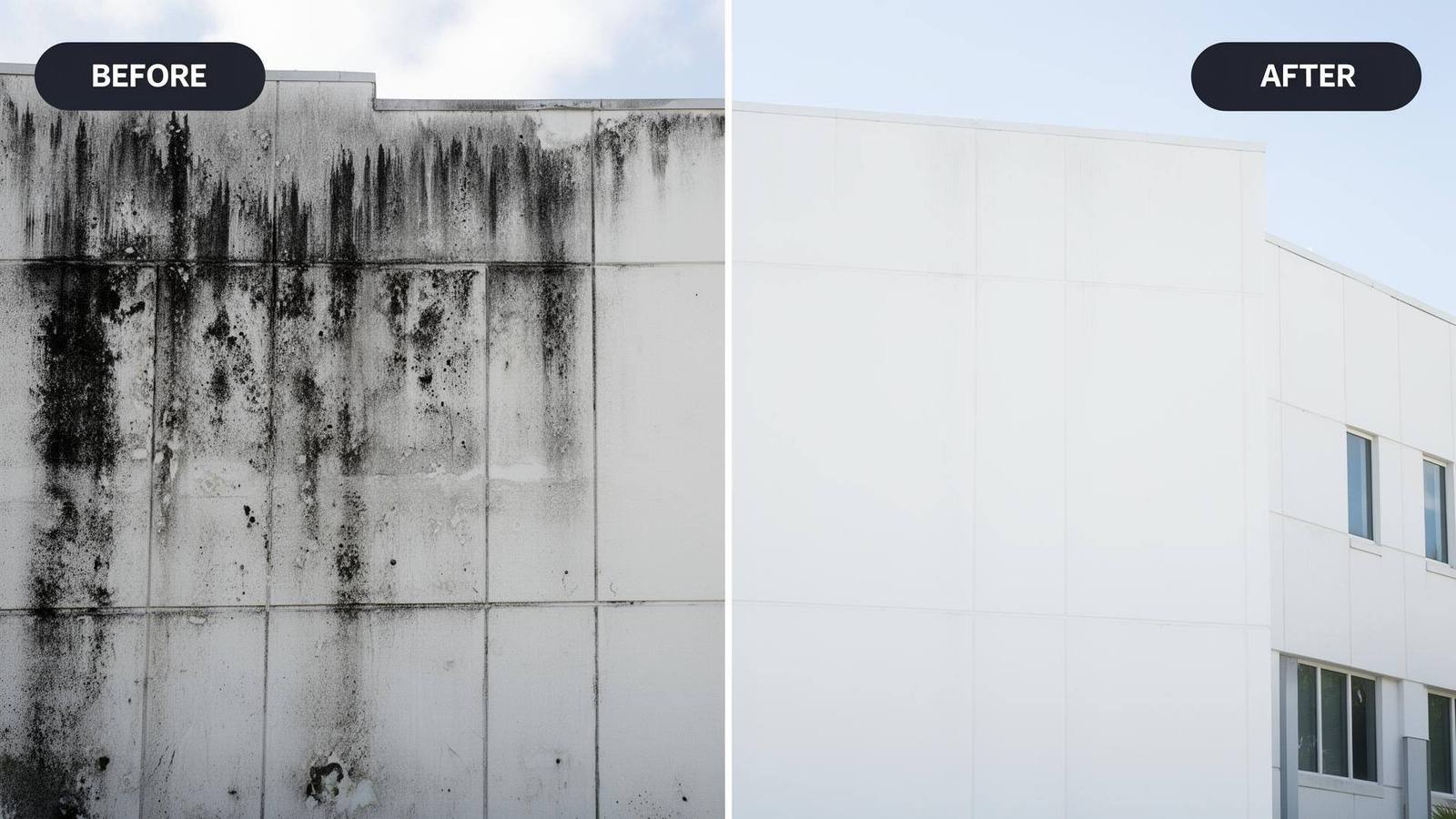 Drone soft-washing EIFS facade on a Miami high-rise