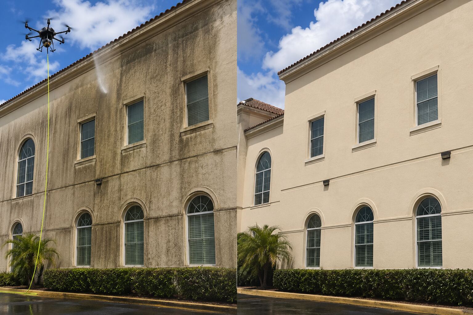 Before and after drone stucco cleaning in Miami — black algae streaks removed, textured finish preserved