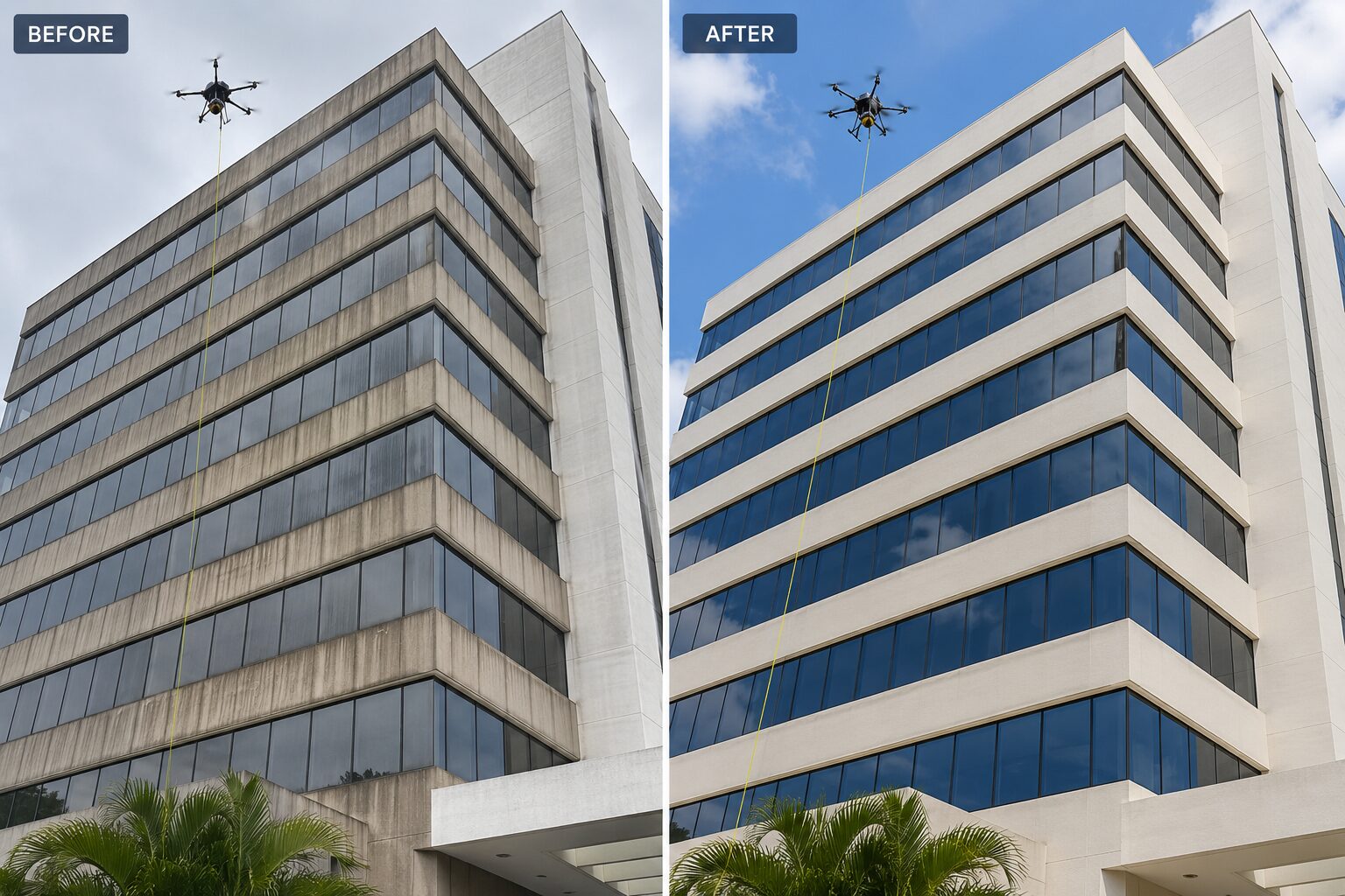 Before and after drone window cleaning in Miami Before and after drone window cleaning on a Miami commercial building — salt-haze and grime removed, glass restored streak-free