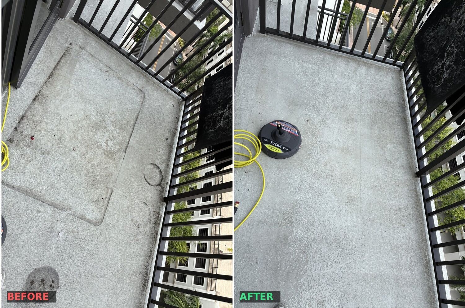 Before and after of a balcony deck at the Belmont Village high-rise in Coral Gables — stained concrete before, soft-washed after