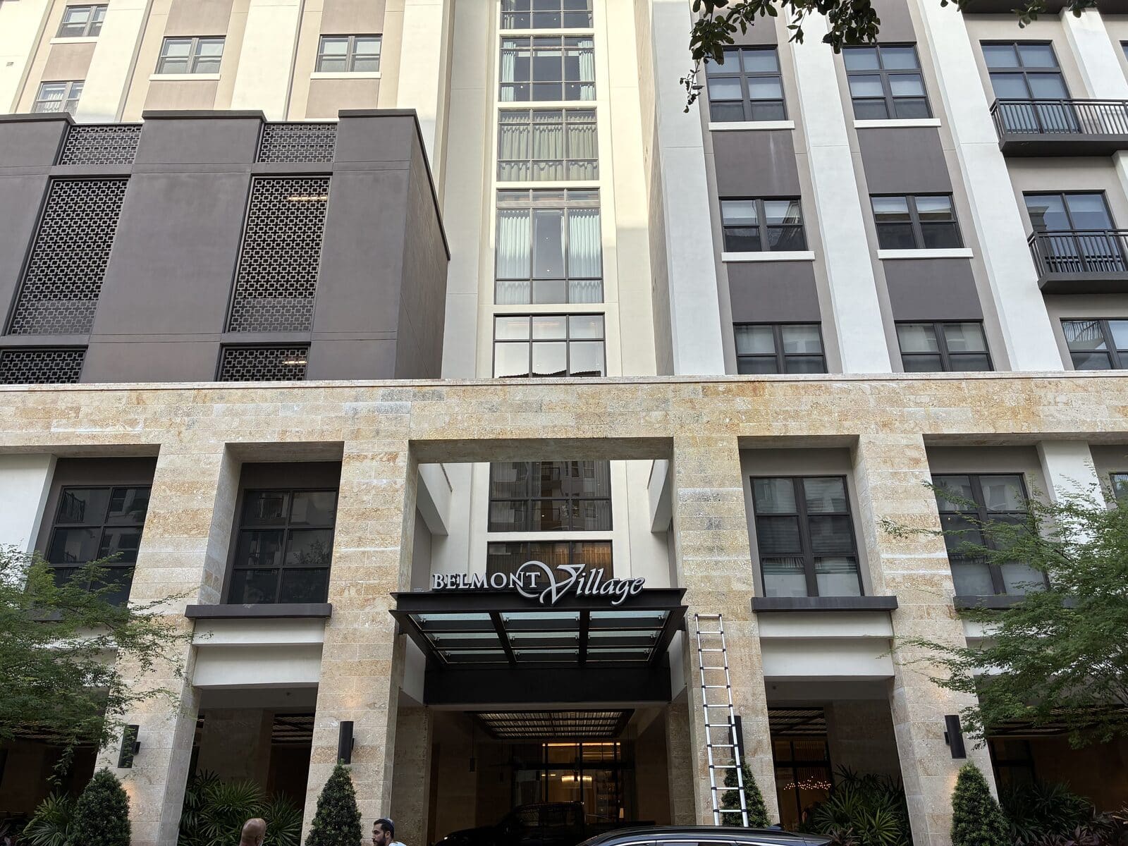 The Belmont Village Senior Living high rise in Coral Gables during drone facade cleaning