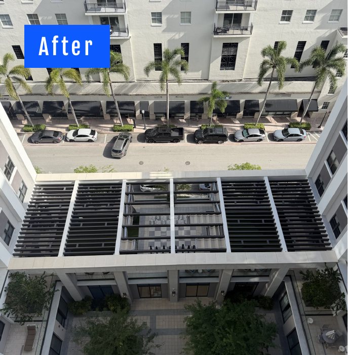 Drone's-eye aerial of the same courtyard after cleaning, pergola and decks washed