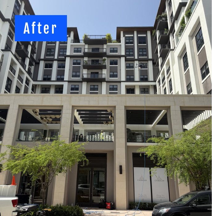 The same Coral Gables courtyard facade after the drone wash, uniform and bright