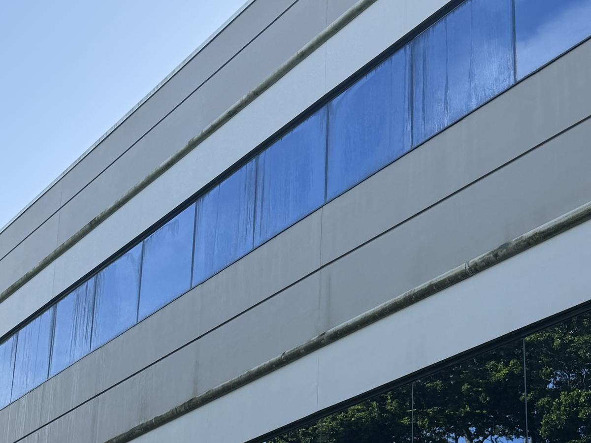 The upper window band on the long elevation of Cypress Plaza before cleaning, algae streaking down the panels and glass