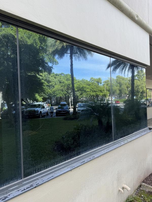 Ground-floor glass at Cypress Plaza before cleaning, dulled and spotted, with algae on the sill