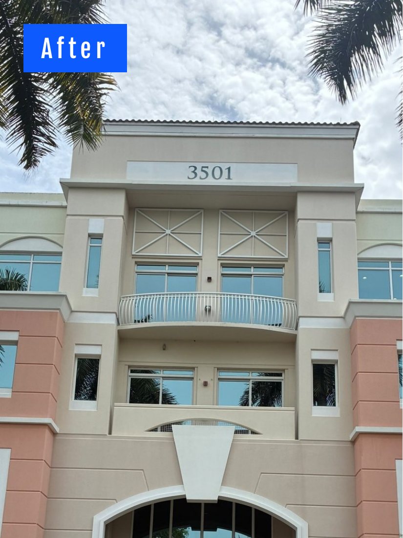 The same 3501 tower after the drone wash, facade bright for the tenant walkthrough